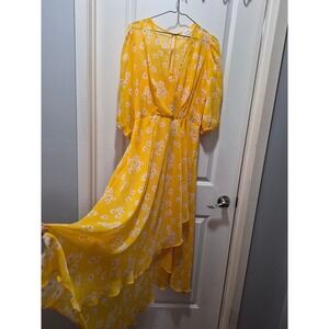 Calvin‎ Klein Yellow Floral Daisy High Low Midi Dress Women 10 Faux Wrap Chiffon